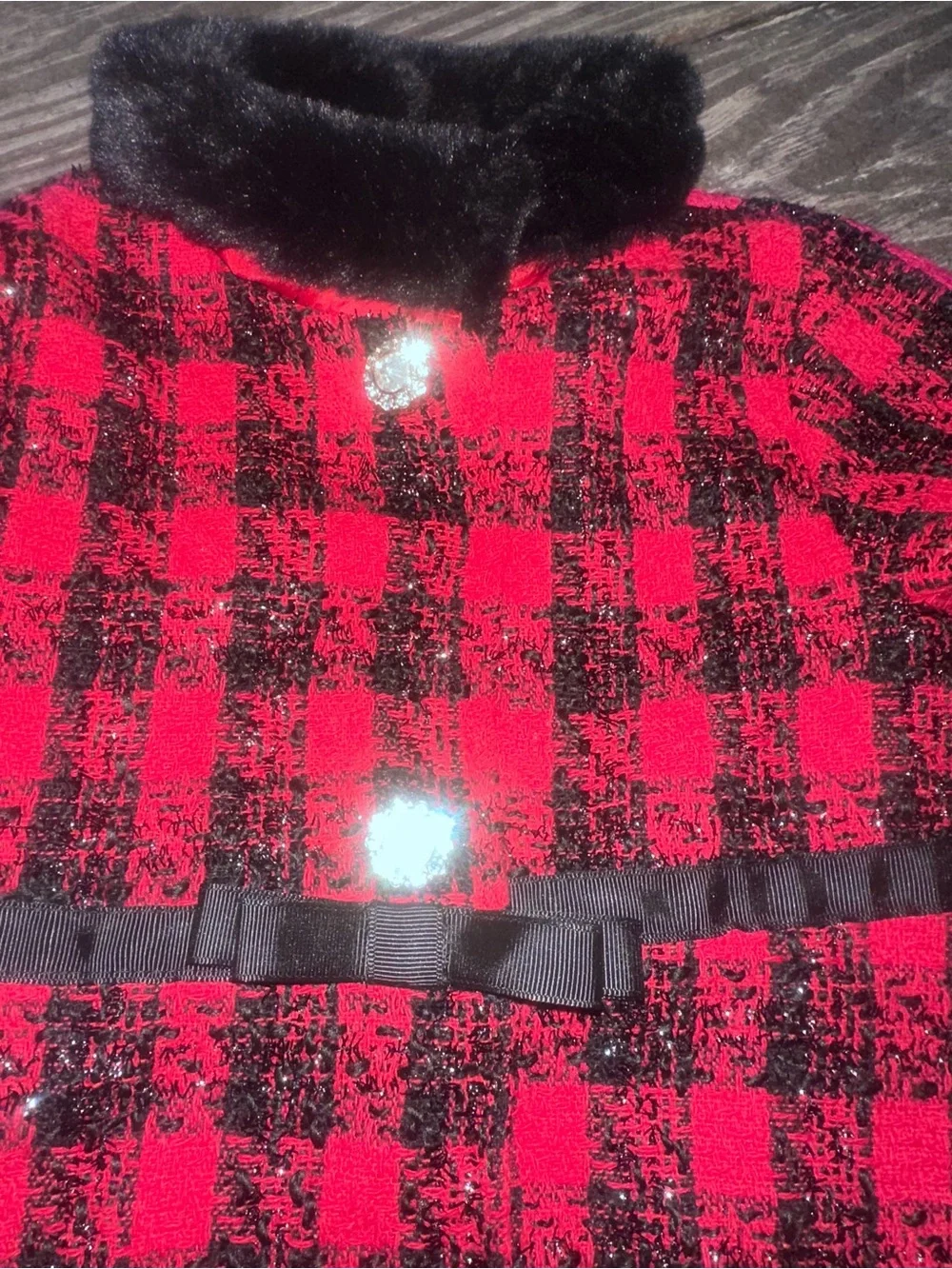Blueberi Boulevard Black Faux Fur Collar Coat and dress with Red Lining